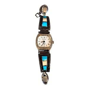 Navajo Sterling Silver Turquoise Mother Of Pearl Non Working 70's Bulova Watch
